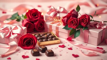 Valentine's Day Banner  with copy space, , a luxurious Valentine's Day spread of chocolates, red roses, and gift boxes with silky ribbons, soft pink and gold tones