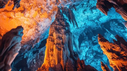 Illuminated Stalactites and Stalagmites in a Cave