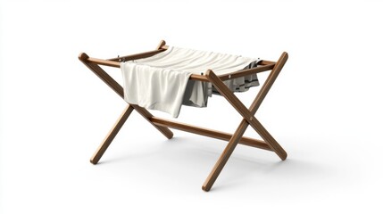 A beautifully designed wooden drying rack holding freshly laundered clothes. This image represents both functionality and aesthetic appeal in home organization. Generative AI