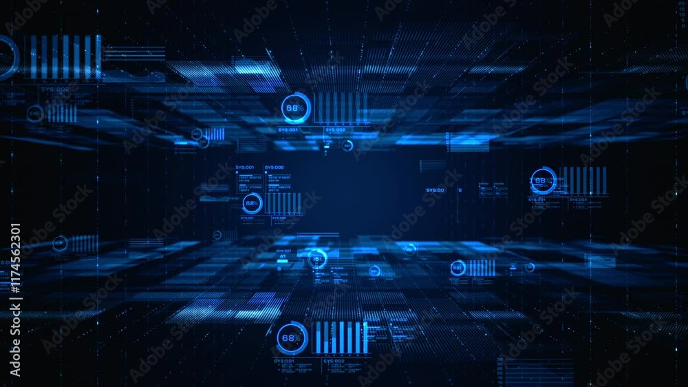 Poster Futuristic digital data flow with analytics interface. Abstract technology scene showing a futuristic digital environment with floating data and analytical elements in blue tones. Seamless loop 4k