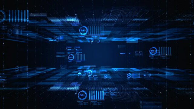 Futuristic digital data flow with analytics interface. Abstract technology scene showing a futuristic digital environment with floating data and analytical elements in blue tones. Seamless loop 4k - Powered by Adobe