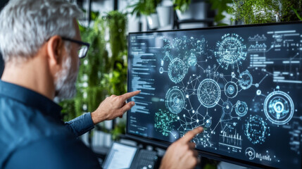 Man analyzing data on large screen, showcasing complex graphs and charts in modern office environment filled with greenery. atmosphere is focused and innovative