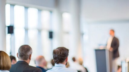 A conference setting with attendees in a softly blurred focus.
