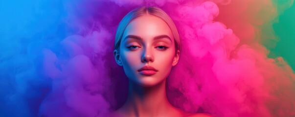 Fototapeta premium A serene portrait of a woman surrounded by vibrant, colorful smoke, creating an ethereal and artistic atmosphere.