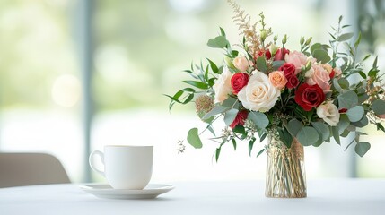 Elegant Floral Arrangement with Coffee in Bright Setting