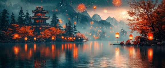 Fototapeta premium Enchanting Autumnal Lakeside Temple with Floating Lanterns and Fireworks