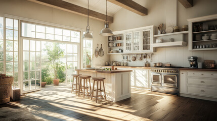 bright and airy kitchen featuring wooden beams, large island, and natural light streaming through glass doors. space is adorned with plants and modern appliances, creating warm atmosphere