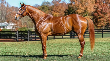 Obraz premium A chestnut horse stands proudly in a grassy field with autumn foliage in the background.