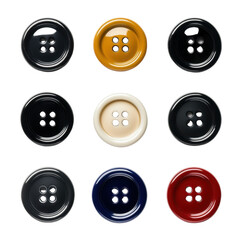 A collection of colorful buttons arranged in a grid, featuring various colors and designs with four holes each.