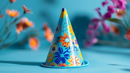 Fototapeta premium A bright blue party cap featuring unique designs for a lively event.