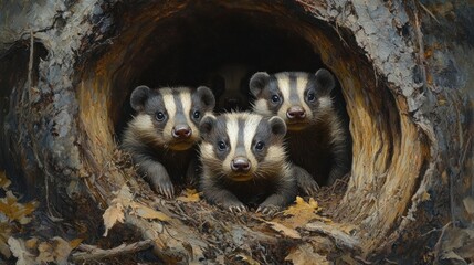 Fototapeta premium Three badgers peeking out from a tree hollow, showcasing wildlife in a natural setting.