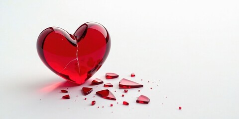 A shattered red heart, a poignant symbol of lost love, lies broken on a pristine white surface, its crimson fragments scattered, reflecting the pain of heartbreak and the fragility of relationships.