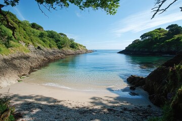 Secluded Cove Beach with Clear Water and Green Hills