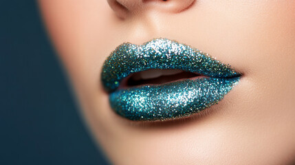 Glittery blue lips create striking and glamorous look, perfect for fashion and beauty photography. shimmering effect adds touch of elegance and allure