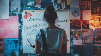 A young woman standing in front of a motivational poster, writing in a journal about her dreams and life goals.