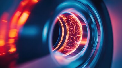 Close-up of the rotating ring of the CT scanner in motion during a brain scan.