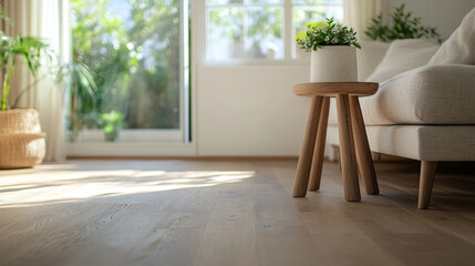 cozy living room featuring light colored sofa, wooden floor, and small plant on round side table, creating warm and inviting atmosphere