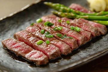 Fototapeta premium Sliced Beef Steak with Asparagus and Sesame Seeds