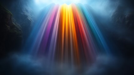 A Rainbow Waterfall Cascades Down a Dark Cliff