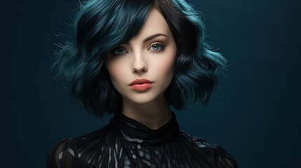 Naklejka premium Mysterious Teal Bob Haircut: A Stunning Portrait of a Woman with Striking Blue Eyes and Short, Wavy Hair