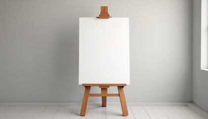 Empty canvas on wooden easel in bright art studio with minimalistic design and natural light