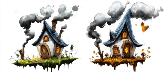 Two Whimsical Floating Houses with Smoke