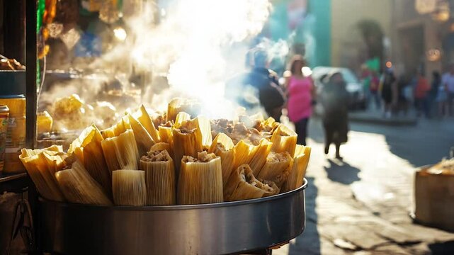 A steaming pot of freshly made tamales displayed on a bustling street, surrounded by colorful buildings and lively activity. This image captures the essence of traditional Mexican street food culture 