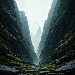 A rocky mountain landscape with deep shades of grey and green, mist swirling between jagged cliffs, ideal for creating a rugged, adventurous atmosphere.