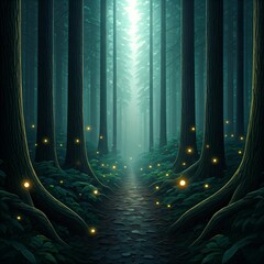 An ethereal misty forest with glowing fireflies, soft glimmering lights, and a magical atmosphere, perfect for a fantasy or mystical design.
