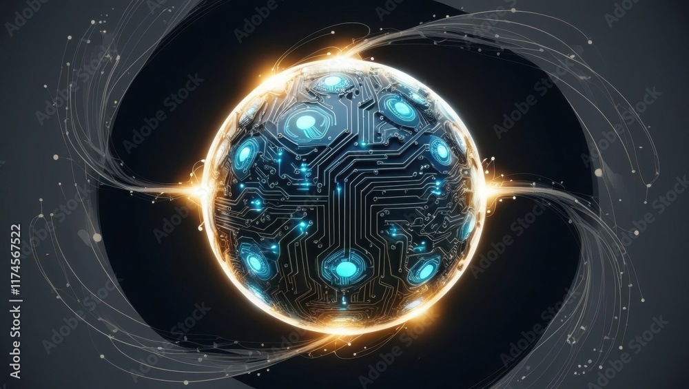 Poster intricate circuit board design featuring luminous light element illuminating the complex pathways of