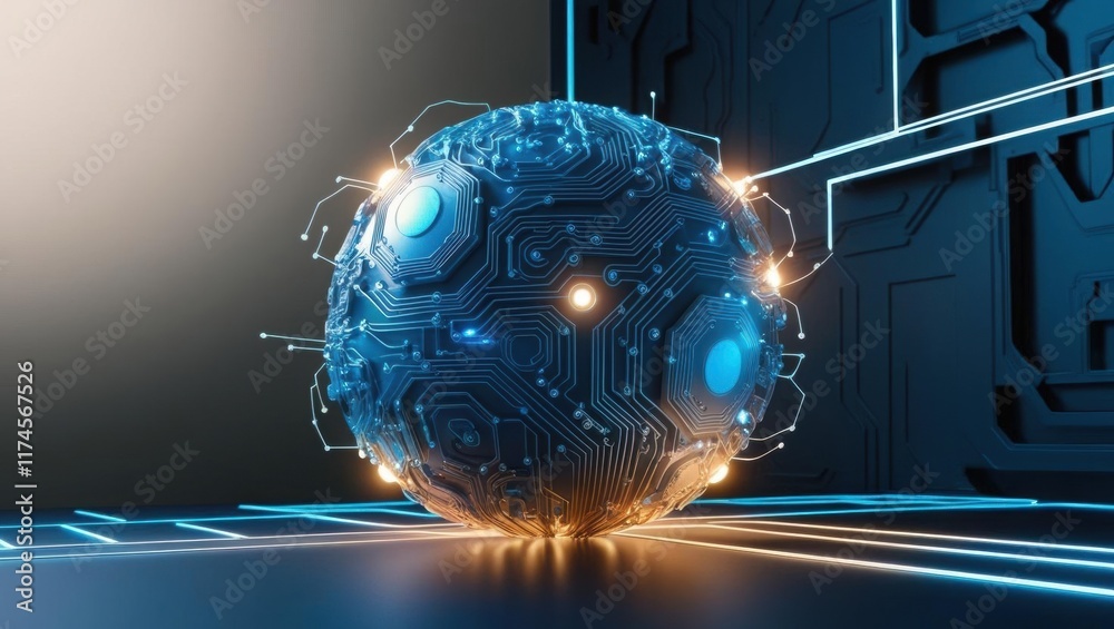 Poster intricate sphere encapsulating complex circuitry symbolizing technology innovation and modern design
