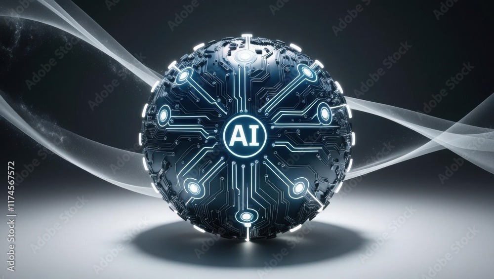 Poster intricate sphere adorned with circuit patterns symbolizing technology and innovation against a soft 