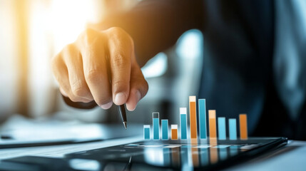 Businessman analyzing financial data on tablet, focusing on growth charts and statistics. hand holds pen, emphasizing importance of data driven decisions