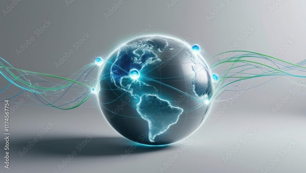 Poster globe surrounded by a dynamic network of interconnected lines representing global connectivity and c