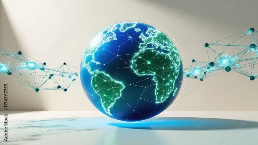 Poster a global network of connections represented by a globe surrounded by dynamic lines symbolizing inter