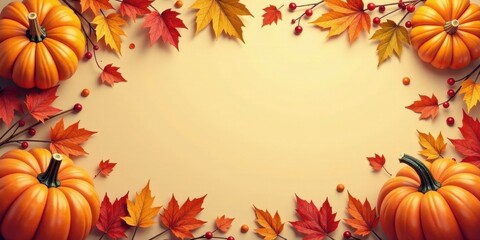 Autumnal Frame Featuring Vibrant Pumpkins and Colorful Fall Foliage Arranged on a Pale Yellow Background