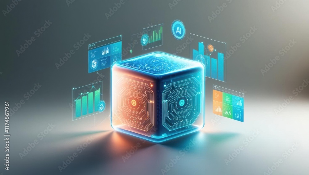 Poster futuristic transparent cube displaying interactive digital interface with complex graphics and illum