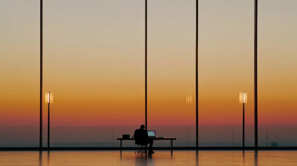 person working at desk in modern office with large windows, overlooking stunning sunset. warm colors create serene atmosphere