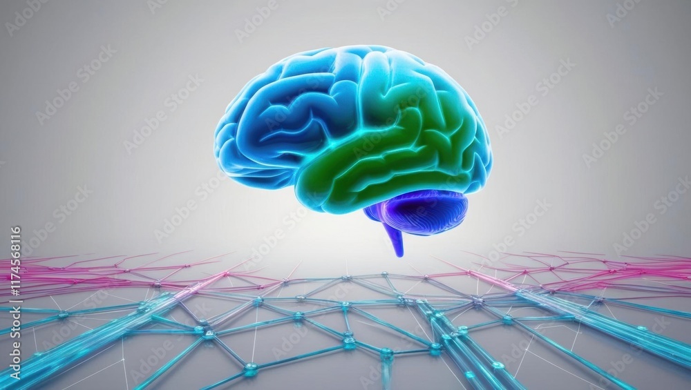 Poster intricate brain design intertwined with colorful wires and cables symbolizing complex thought proces