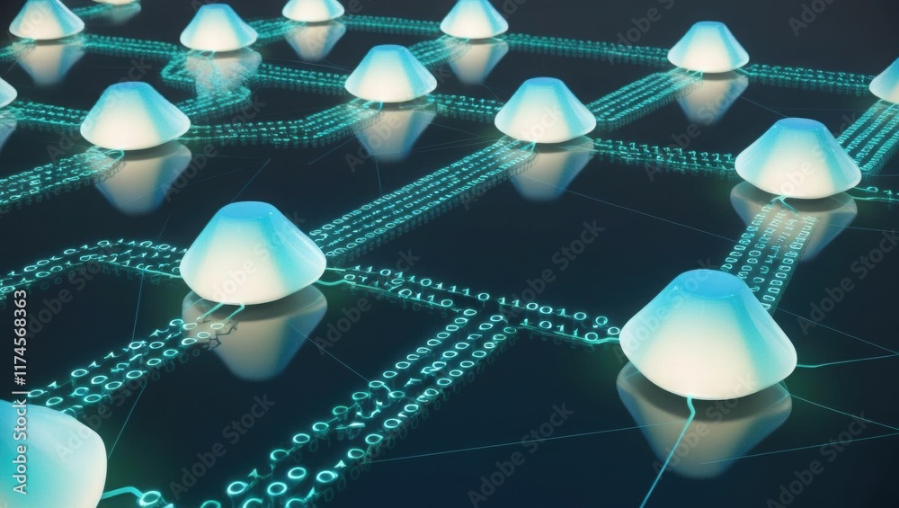 Poster intricate network of white spheres interconnected by binary symbols representing the complexity of d