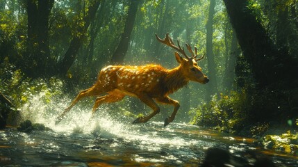 A deer with antlers leaps through a sunlit forest stream, surrounded by lush greenery.