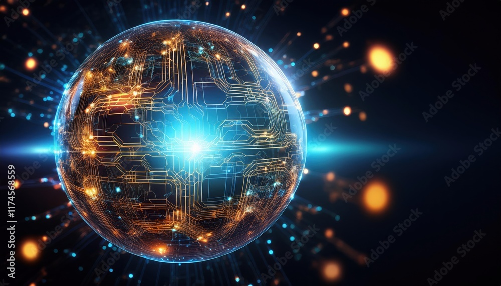 Poster futuristic sphere embedded with intricate circuitry illuminating a high-tech environment symbolizing