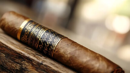Fototapeta premium Detailed cigar closeup with gentle spiraling smoke rising under soft light focusing on the texture with a moody blurred background