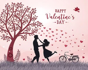 Valentine's Day couple silhouette with tree and hearts in romantic pink background