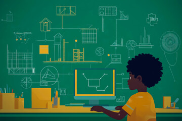 A flat vector illustration of children sitting in front of a computer, engaged in learning, surrounded by colorful icons of educational technology, digital tools and interactive learning resources.