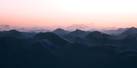 Fototapeta premium Mountain Range at Sunrise: Serene and majestic, a panoramic view of a mountain range bathed in the soft, ethereal glow of sunrise, evoking a sense of tranquility and awe. 