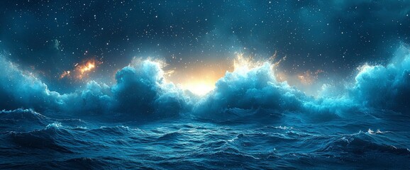 Naklejka premium Celestial Storm Dramatic Ocean and Night Sky Encounter