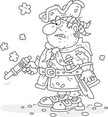 Funny sea pirate with a smoking pistol and a saber, black and white vector cartoon illustration for a coloring book