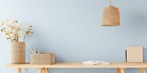 minimalist workspace featuring wooden table, decorative baskets, and pendant light against soft blue wall. serene atmosphere promotes focus and creativity