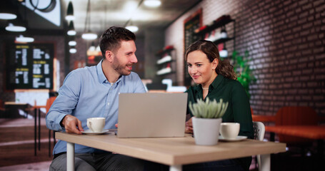 Coworkers Using Technology Lifestyle. Man And Woman Drinking Coffee